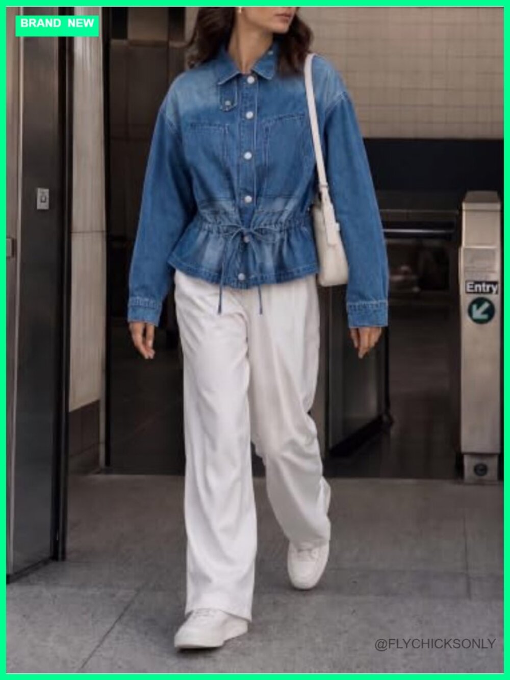 Women's Drawstring Denim Jacket Button Down Collared Shacket Relaxed Fit - Picture 4 of 6